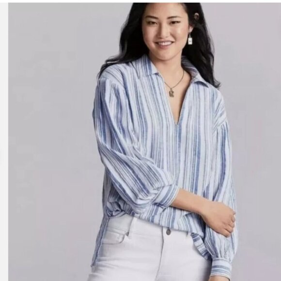 CAbi #5894 Harbor Top Blue Striped Linen Blend Pacific Tunic Top Size Medium - Picture 1 of 13